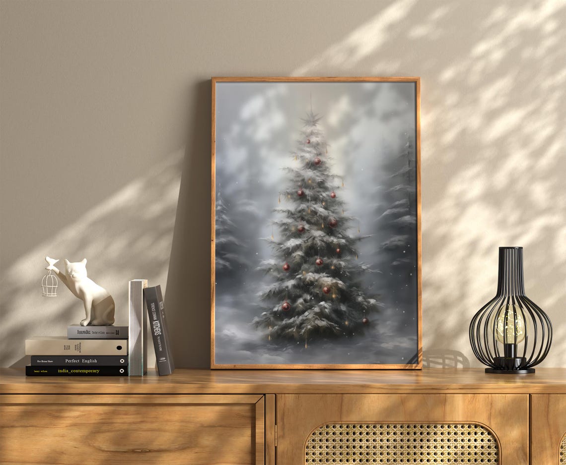 Snowy Christmas Tree Burgundy Baubles Elegant Chic Winter Poster - Image 2