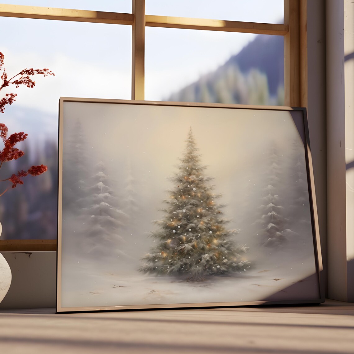 Snowy Moody Christmas Tree Warm Lights Winter Forest Scene Poster - Image 2