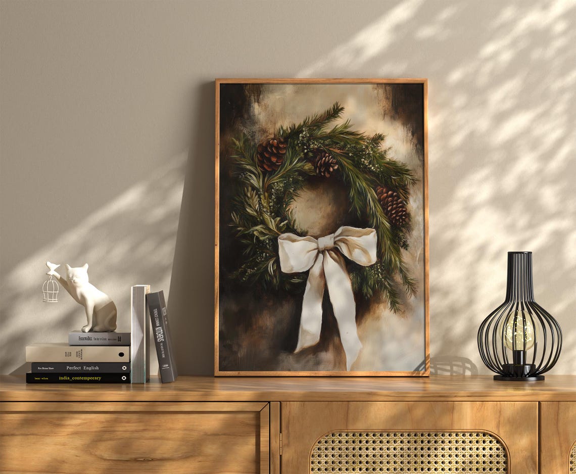 Christmas Evergreen Wreath Pinecones Cream Bow Moody Vintage Poster - Image 2