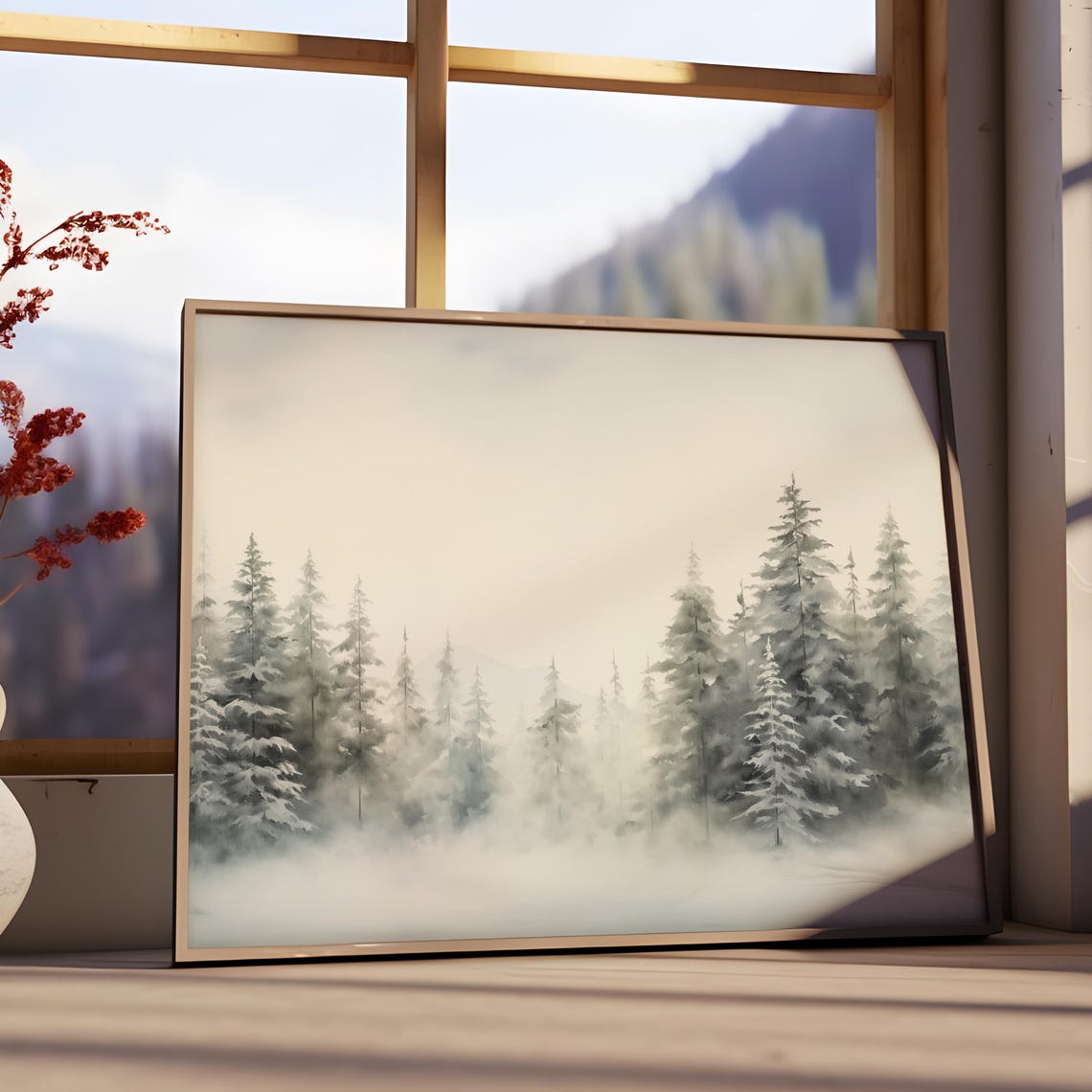 Serene Misty Snowy Pine Forest Winter Watercolor Landscape Poster - Image 2