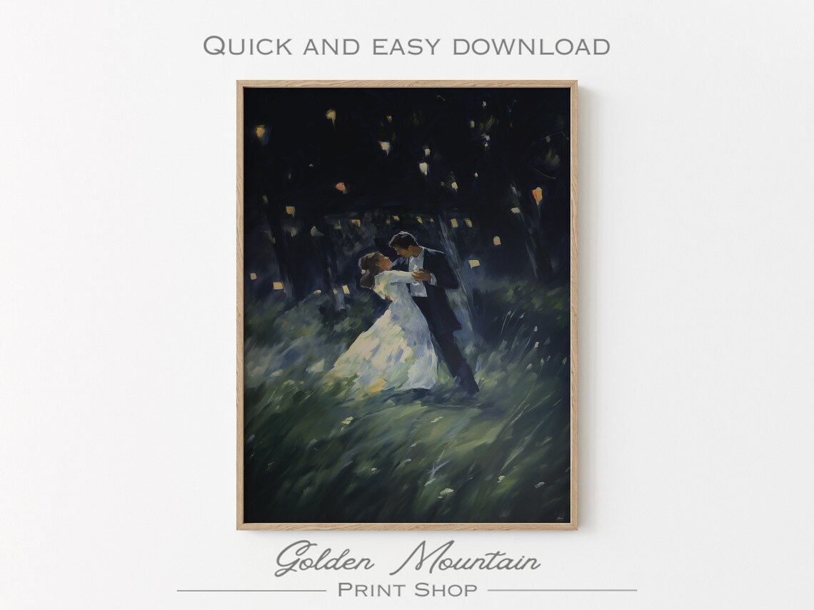 Romantic Couple Dancing Night Sky Lantern Meadow Vintage Art Poster - Image 3