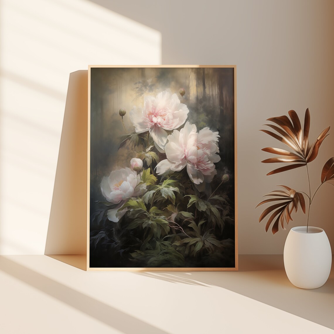 Blush Peonies Dark Moody Botanical Vintage Oil Painting Print - Image 2