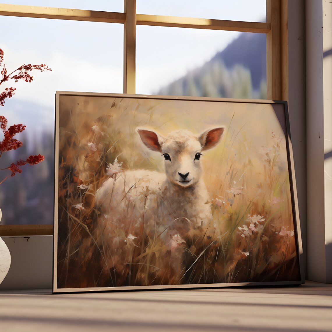Adorable Lamb in Golden Spring Meadow Pastel Rustic Farm Animal Poster - Image 3