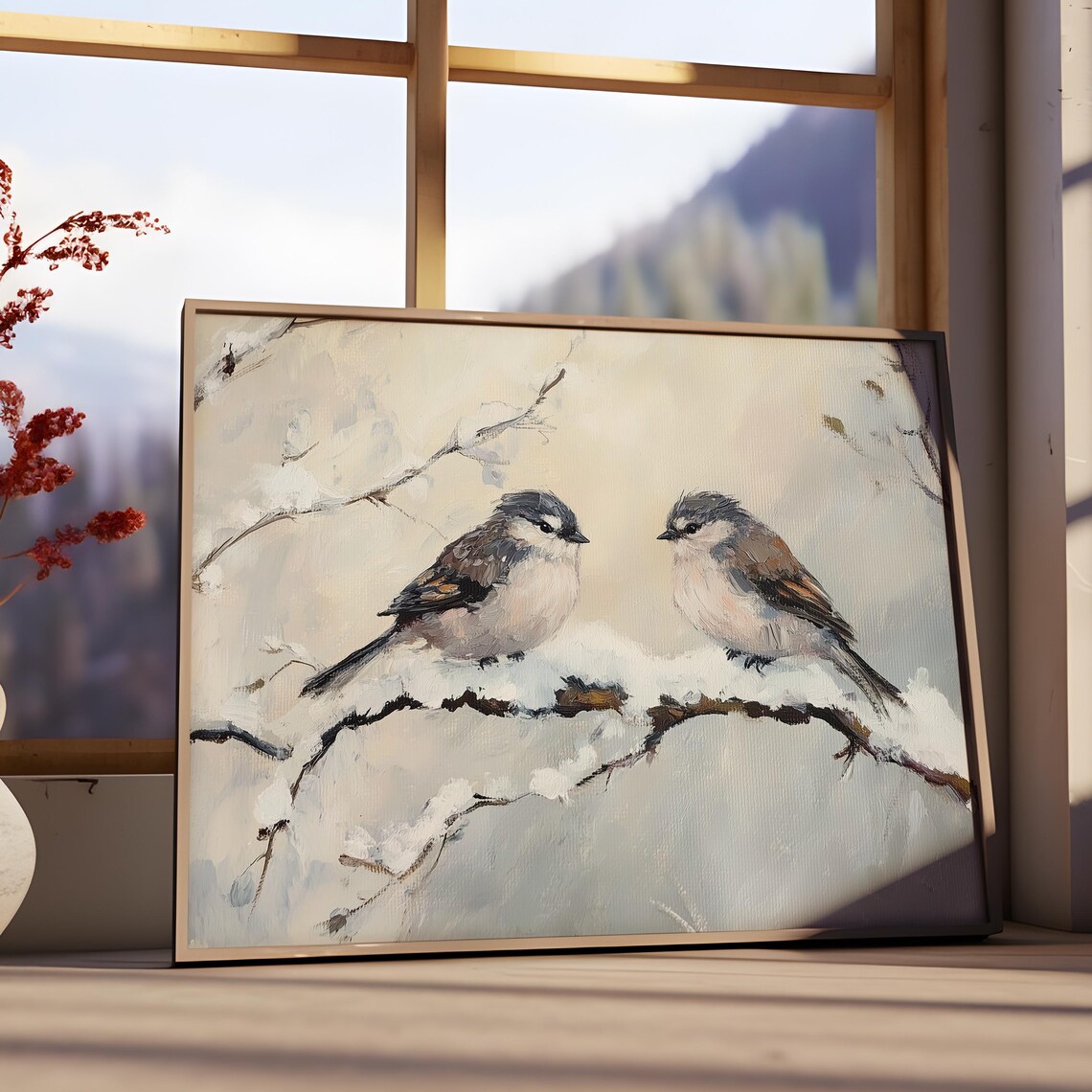 Two Small Winter Birds on Snowy Branch Oil Painting Style Poster - Image 3