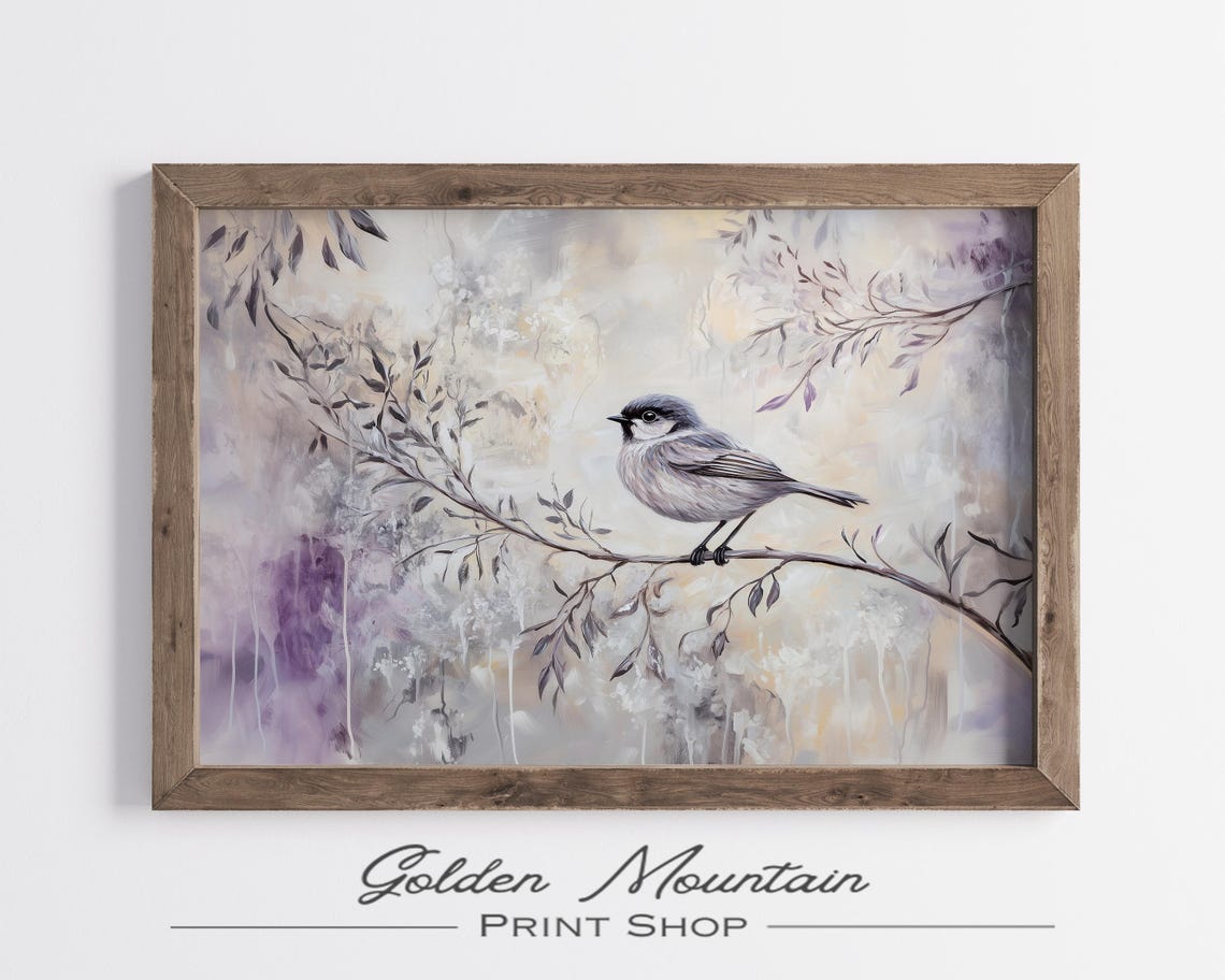 Gray Songbird on Branch Lavender Pastel Bird Painting Wall Art - Image 2