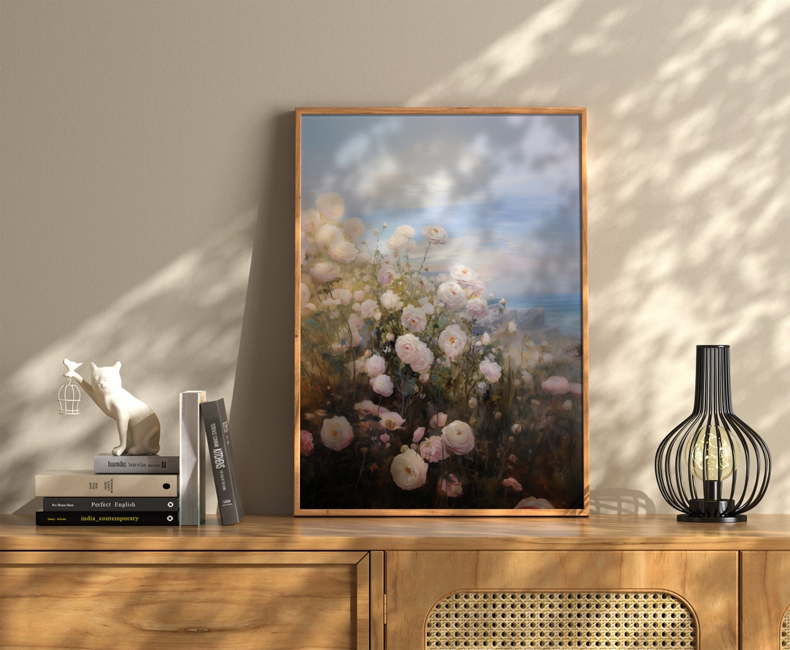 Cream Roses With Ocean Horizon Romantic Coastal Floral Poster - Image 3