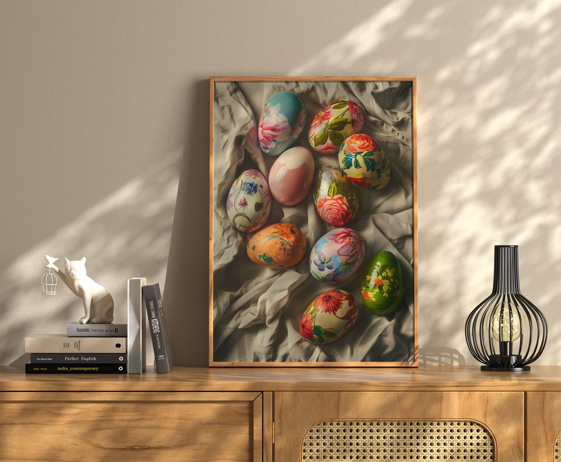 Floral Painted Easter Eggs on Silk Cloth Spring Holiday Still Print - Image 3