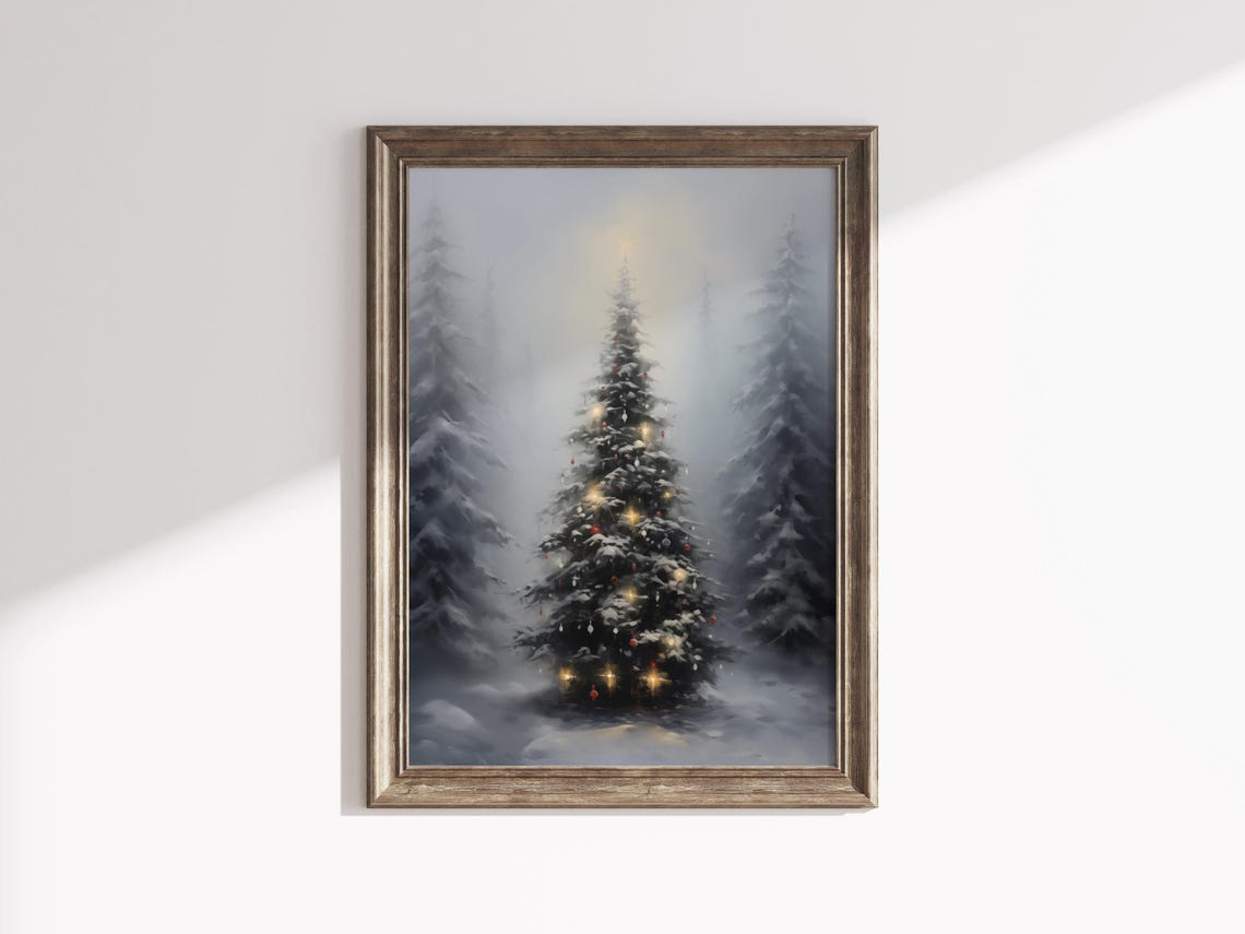 Luminous Snowy Christmas Tree Golden Glow Winter Forest Poster - Image 3