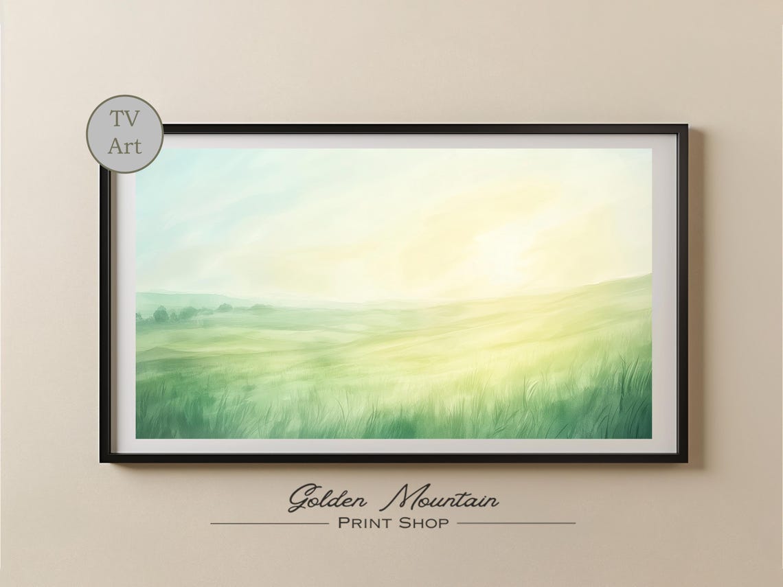 Soft Green Meadow at Sunrise Minimalist Morning Watercolor Poster - Image 2