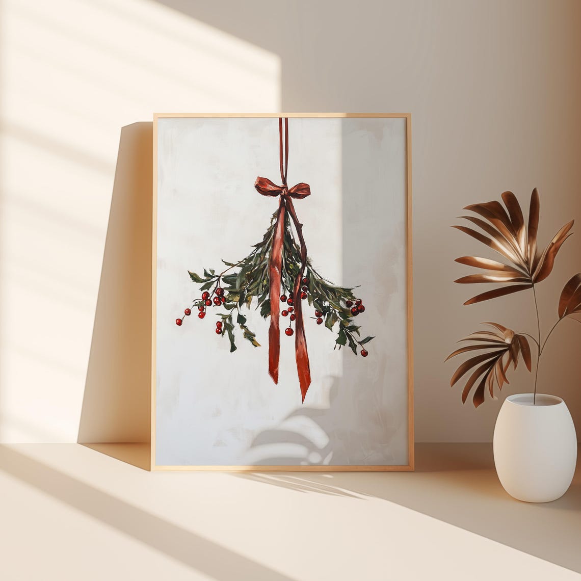 Red Berry Christmas Sprig Ribbon Vintage Botanical Holiday Wall Art - Image 3