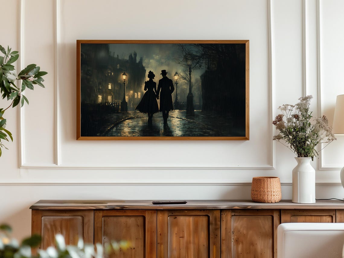 Victorian Couple Walking in Rain Romantic Night Scene Poster - Image 3