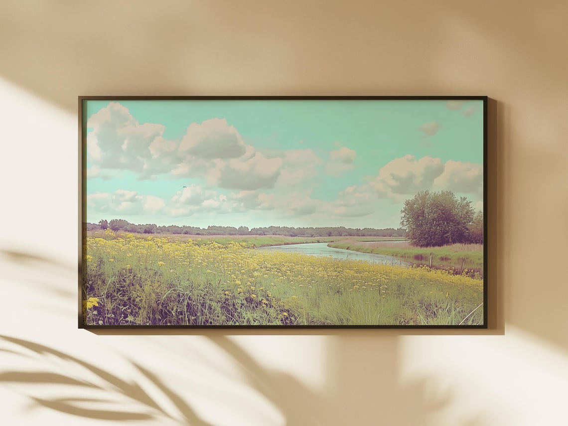 Yellow Wildflower Meadow Winding River Turquoise Sky Summer Poster - Image 2