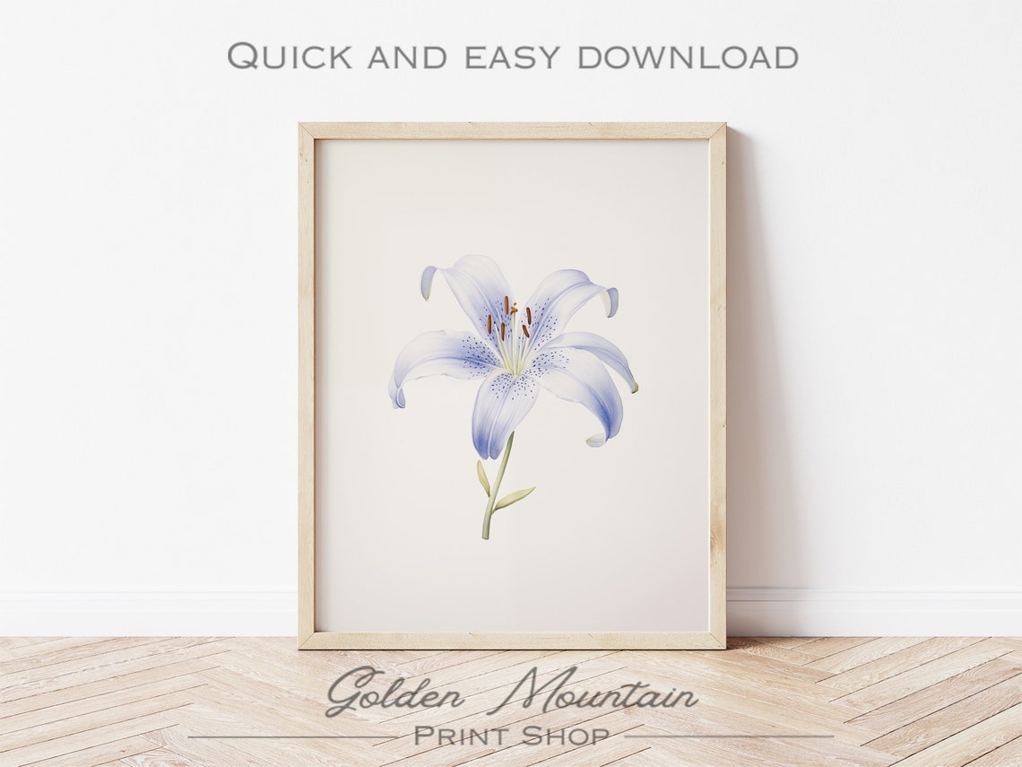 Blue Lily Botanical Watercolor Minimalist Spring Flower Wall Art - Image 3