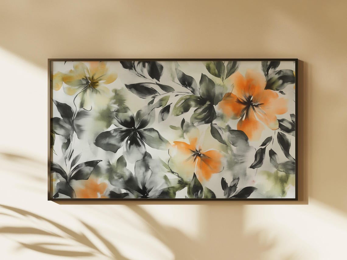 Vibrant Orange Blooms with Ink Black Leaves Abstract Floral Poster - Image 2