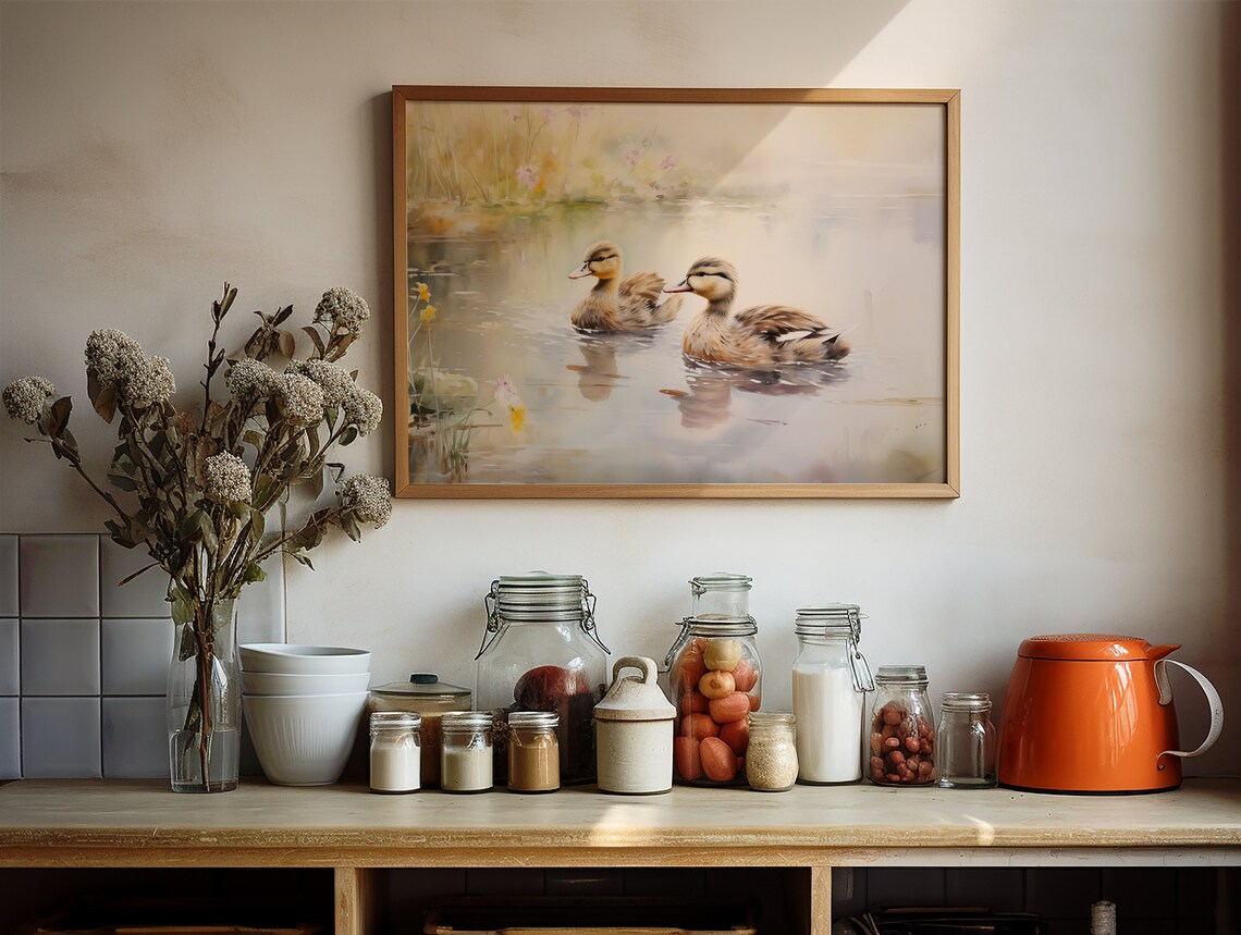 Ducklings Swimming Misty Pond Spring Watercolor Farmhouse Wall Art - Image 2
