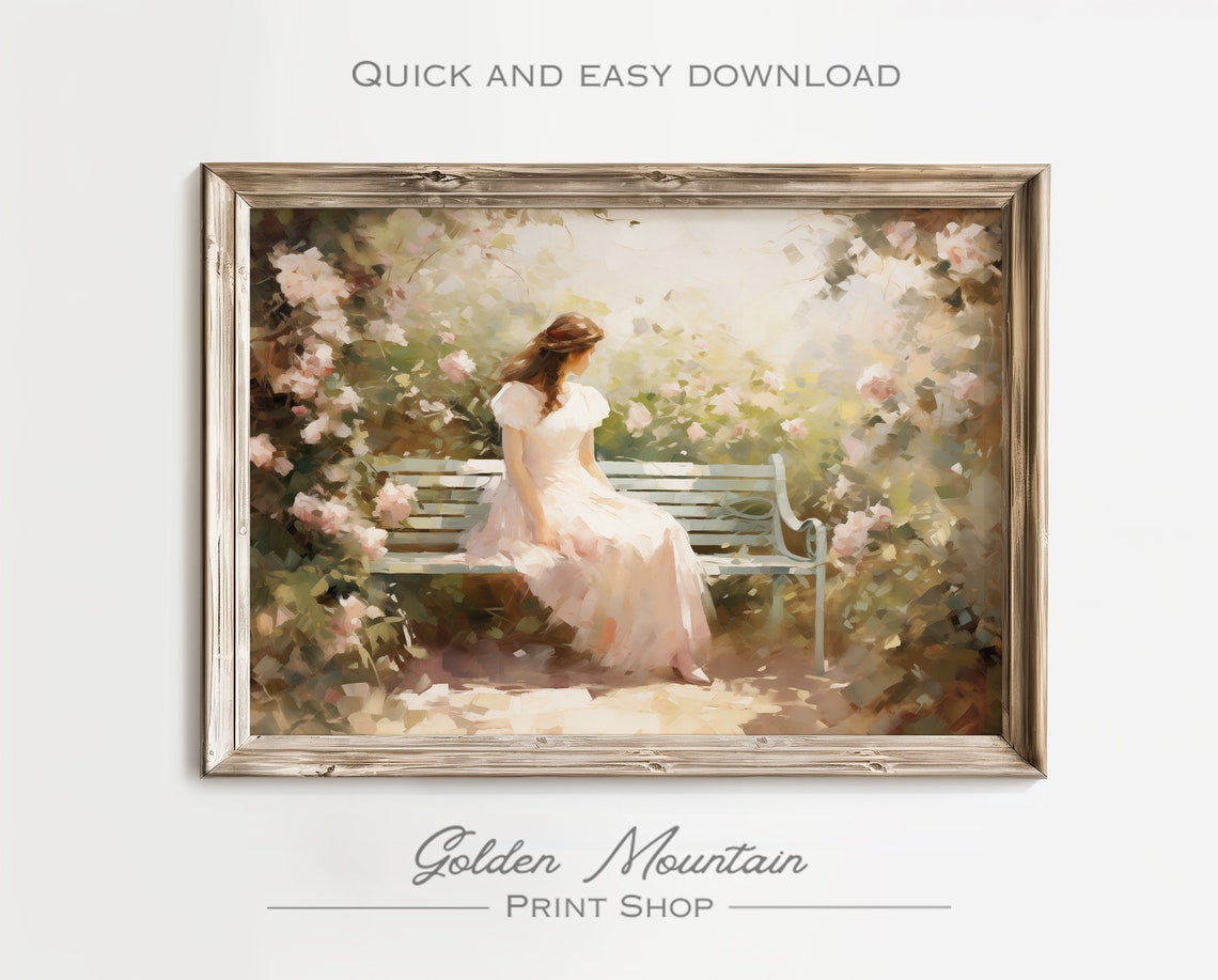 Woman in White Dress Rose Garden Impressionist Summer Wall Art - Image 3