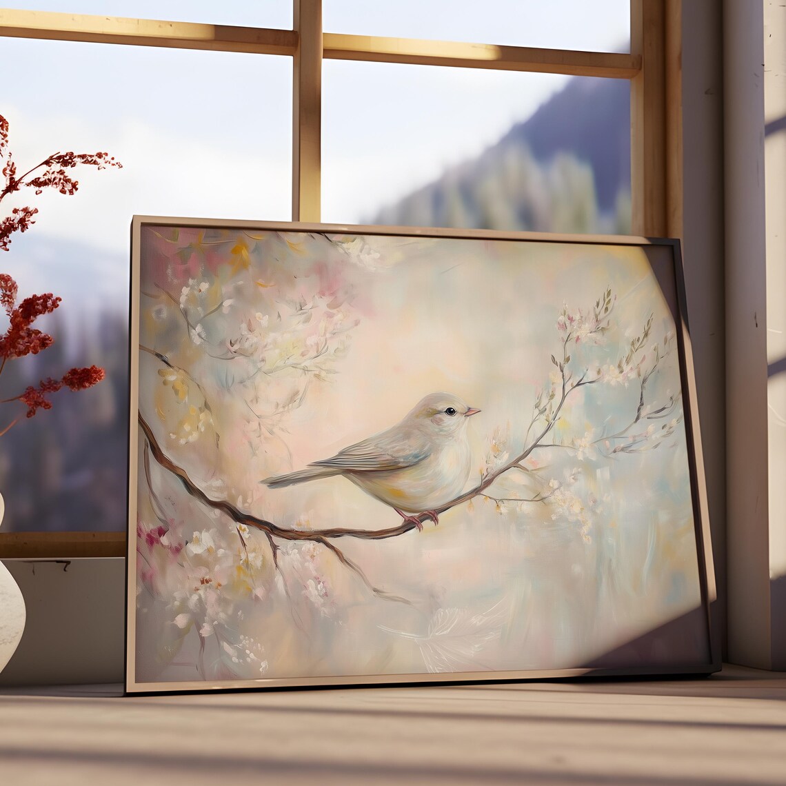 White Songbird On Blossom Branch Dreamy Pastel Spring Watercolor Poster Art - Image 3