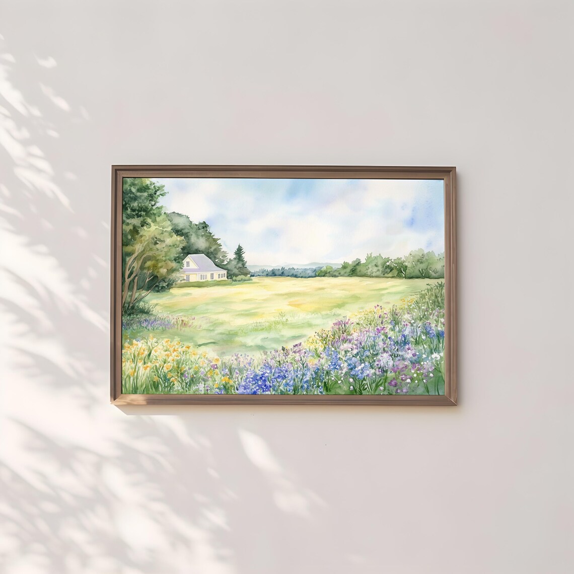 Watercolor Farmhouse Green Meadow Wildflowers Spring Art Poster - Image 2