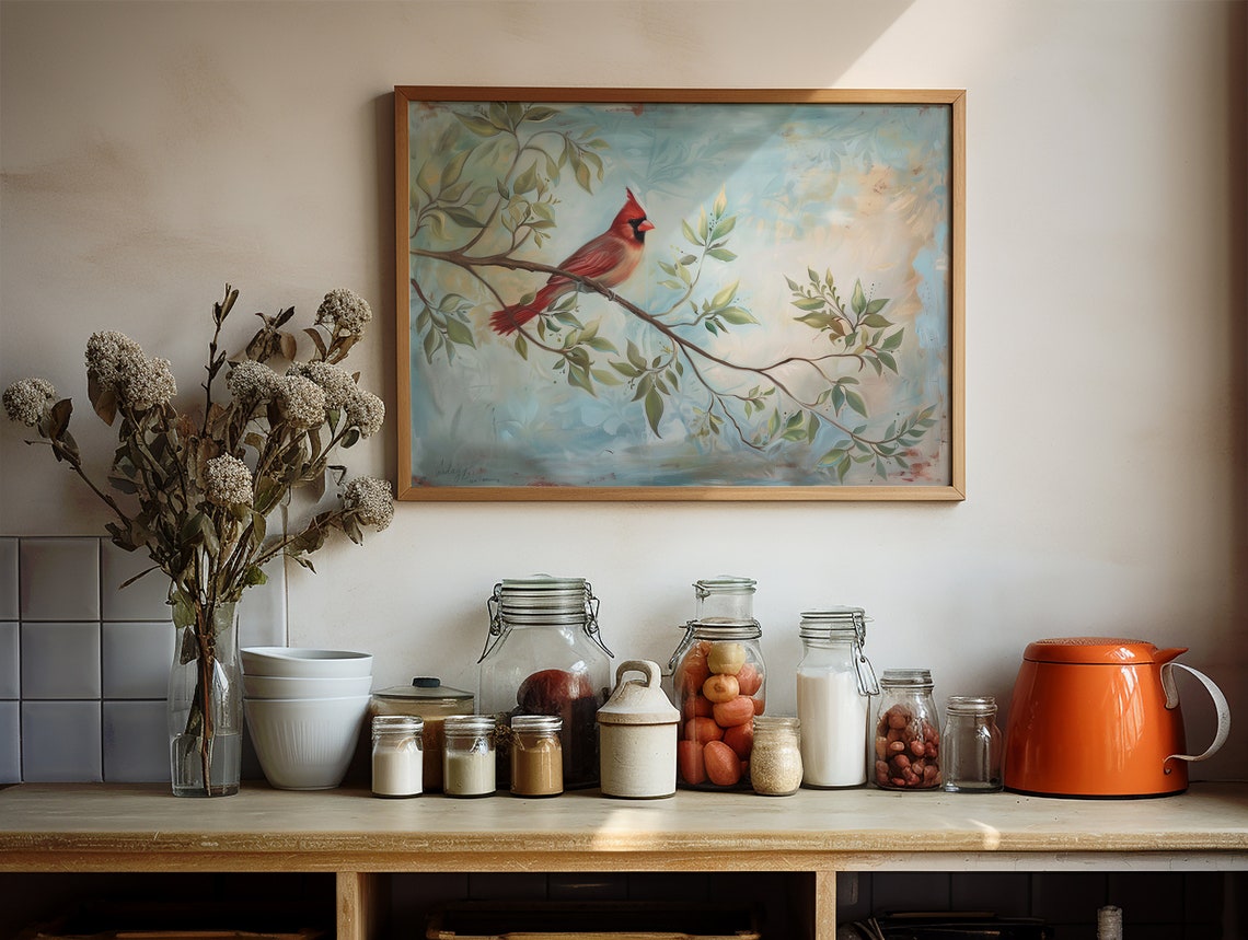 Northern Cardinal Red Bird Branch Soft Pastel Blue Bird Poster - Image 3