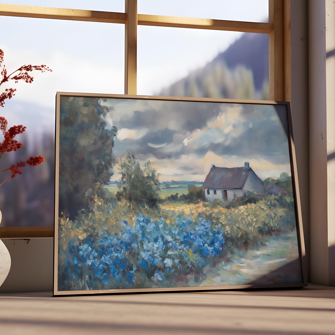 Stone Cottage Blue Wildflower Meadow Moody Coastal Oil Poster - Image 2