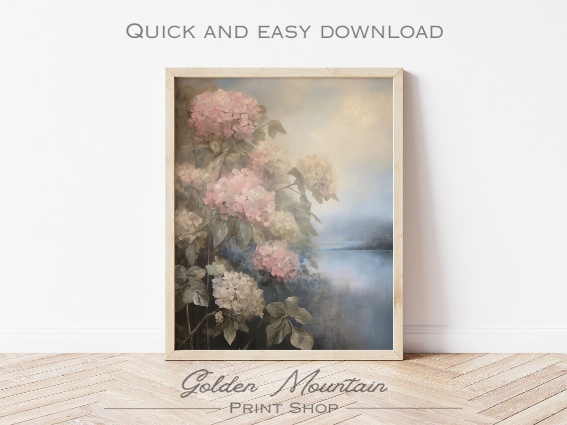 Pink White Hydrangeas By Water Moody Vintage Floral Oil Painting Poster Art - Image 3