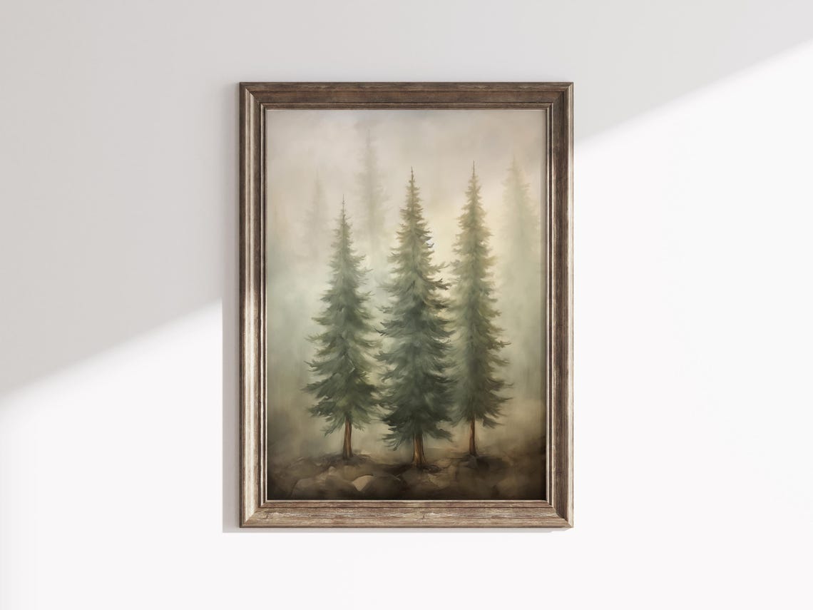 Three Pine Trees Misty Forest Vintage Winter Calm Nature Poster - Image 2
