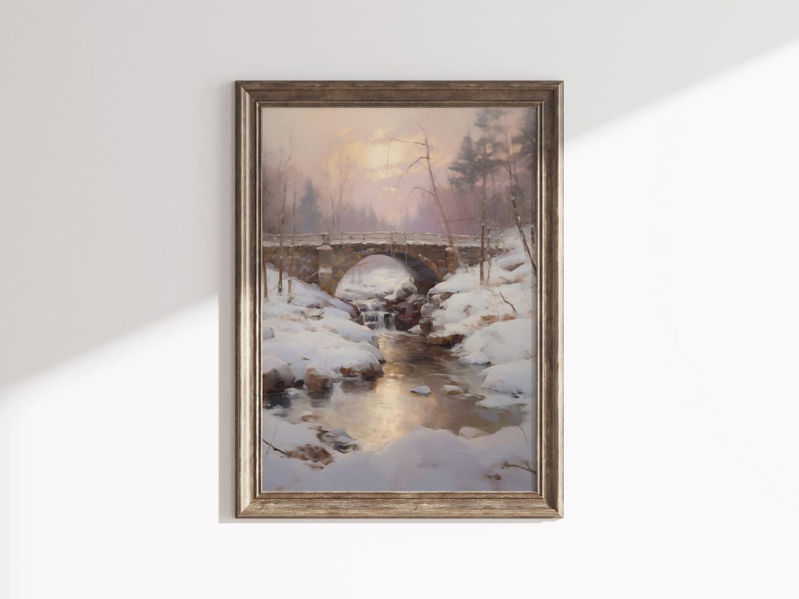 Snowy Stone Bridge Creek Sunset Winter Landscape Scenic Poster - Image 2