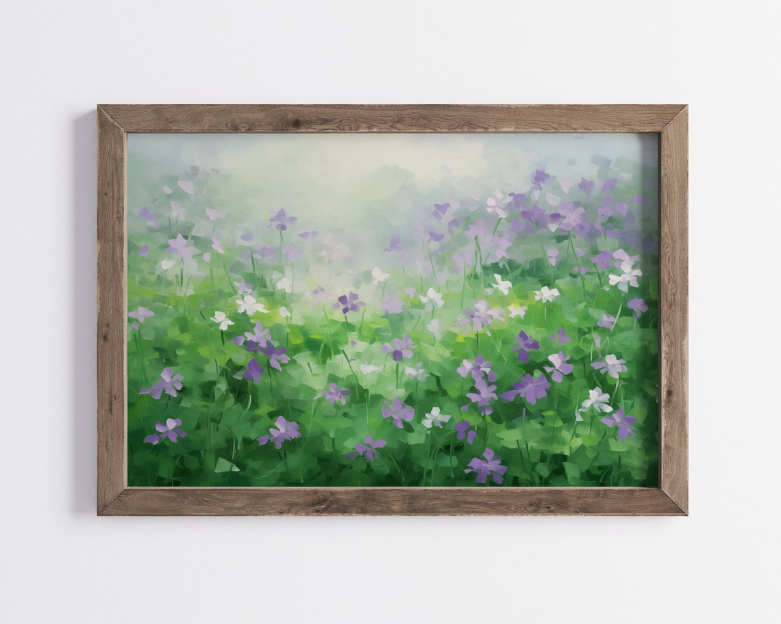 Purple White Violet Flower Field Lush Green Impressionist Poster - Image 2