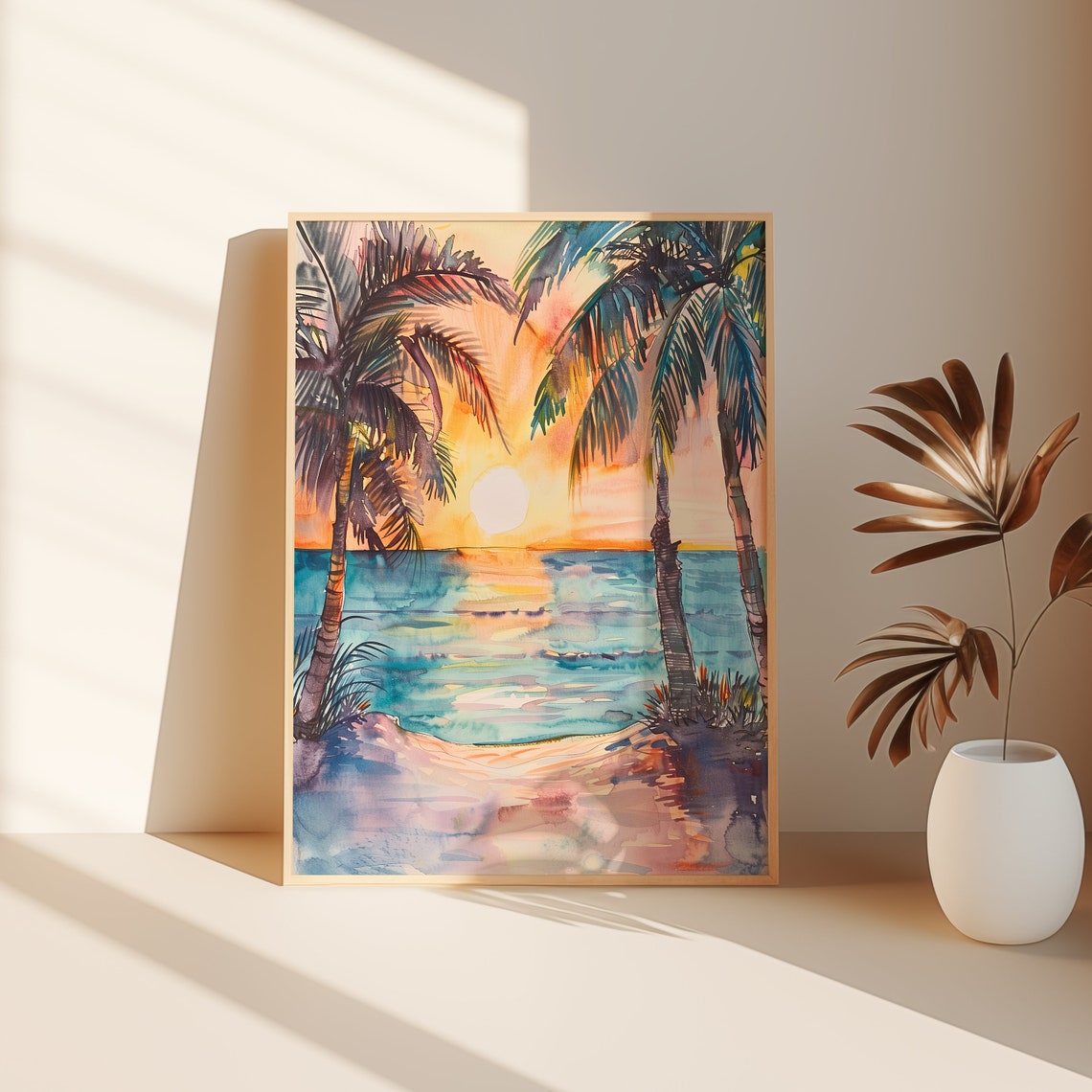 Tropical Beach Sunset Palm Trees Watercolor Ocean View Wall Art - Image 2