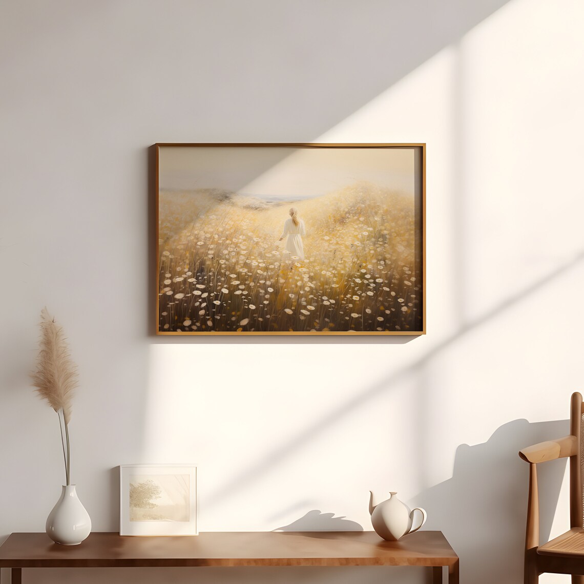 Woman Walking in Golden Wildflower Meadow Dreamy Oil Painting Poster - Image 2
