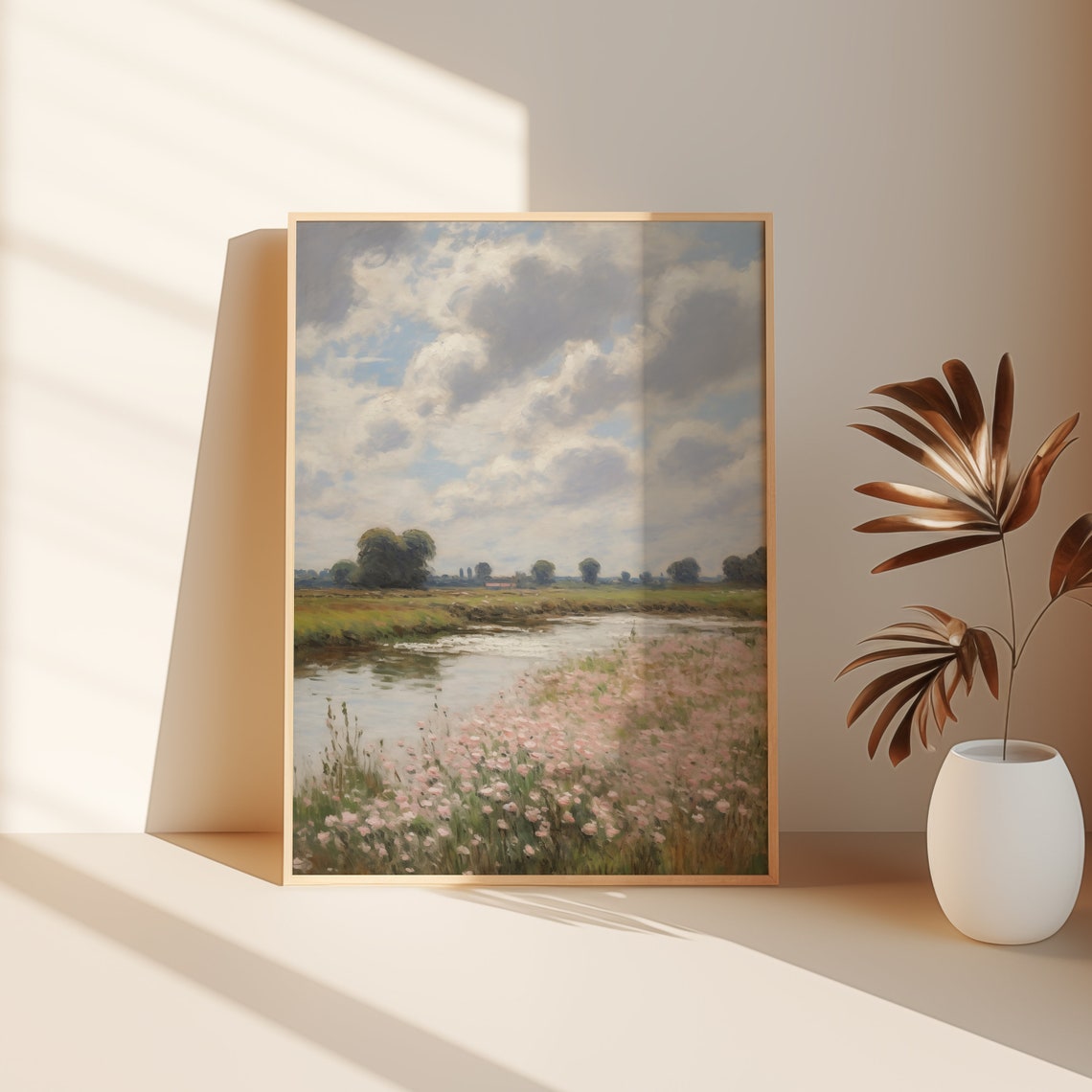 Pink Wildflowers Along River With Dramatic Cloudy Sky Poster - Image 2
