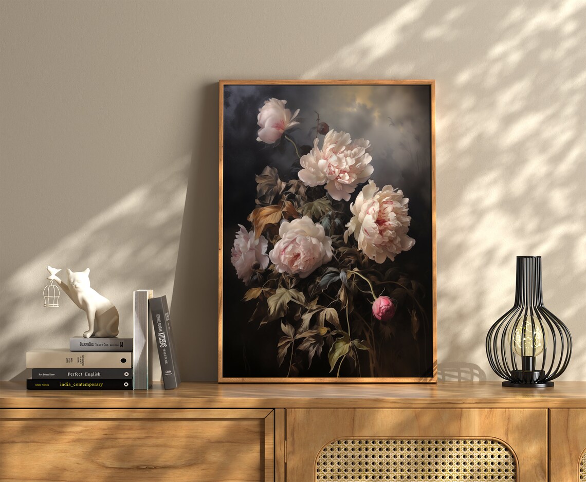 Pink Peonies Dark Background Moody Floral Oil Painting Wall Art - Image 3