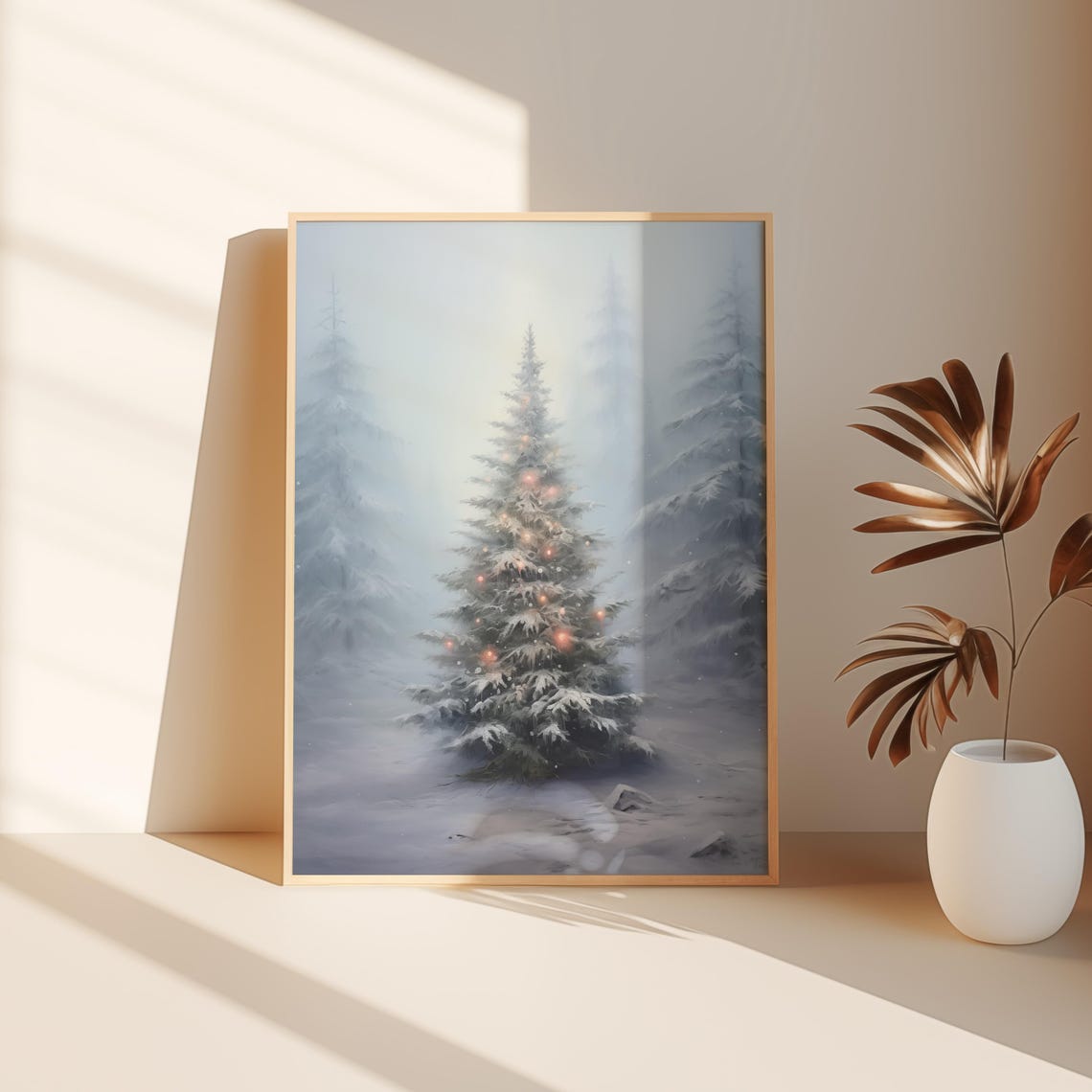 Snowy Christmas Tree Pink Lights Delicate Misty Blue Forest Poster - Image 2
