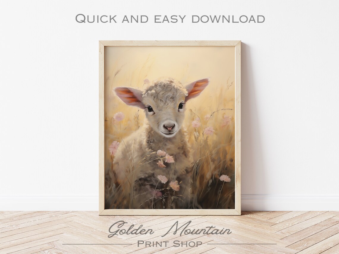 Sweet Baby Lamb in Golden Meadow Soft Watercolor Animal Poster - Image 3