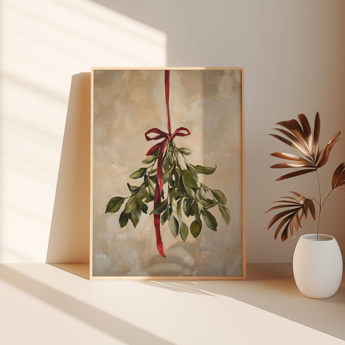 Mistletoe Red Bow Holiday Botanical Vintage Christmas Wall Art - Image 3