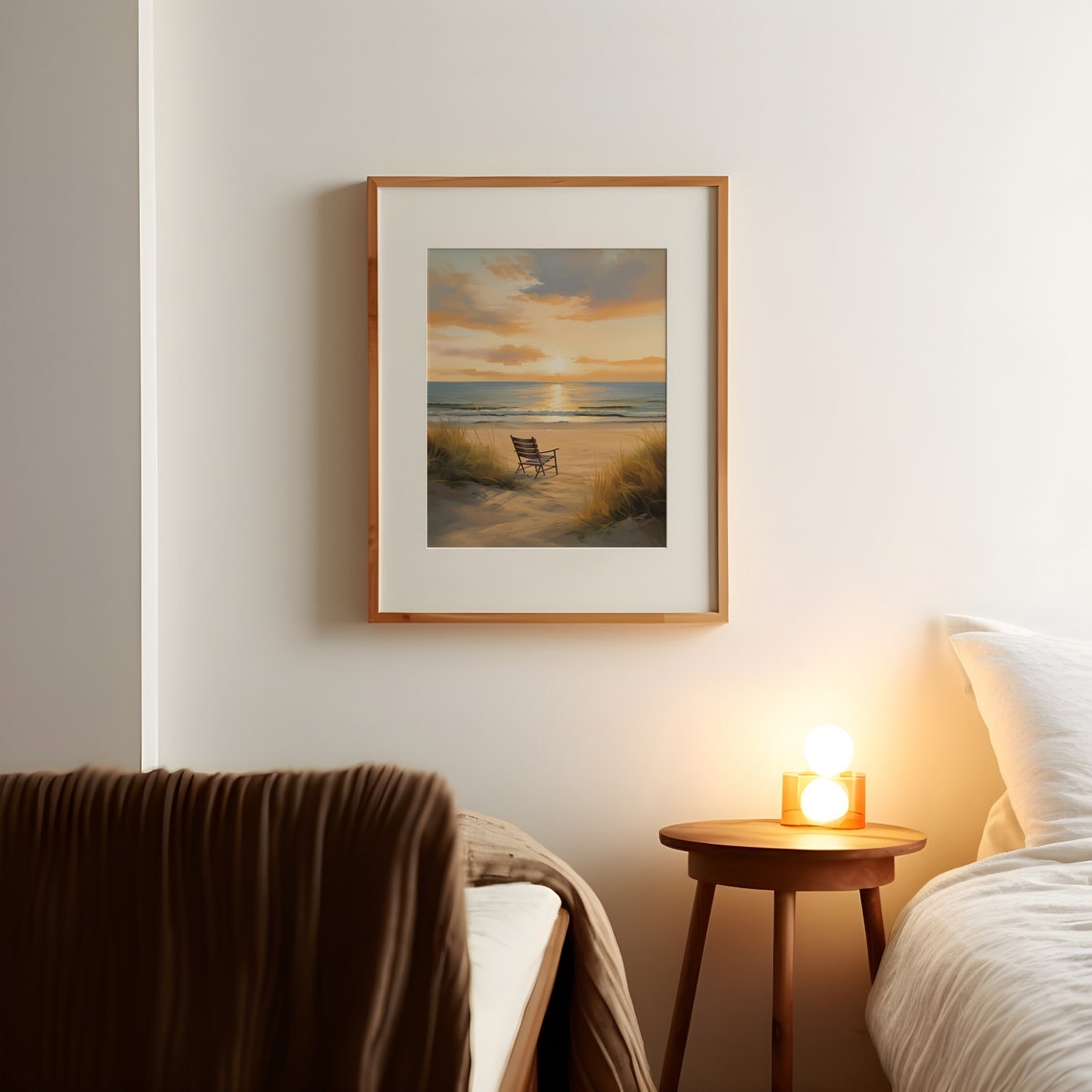Sunset Beach With Empty Chair On Sandy Shore And Dune Grass Poster - Image 2