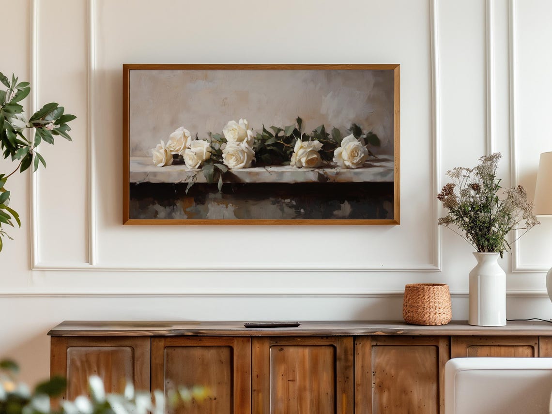 White Roses Ledge Neutral Elegant Floral Still Life Painting Poster - Image 3