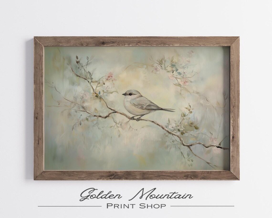 Small Gray Titmouse Bird On Blossom Branch Sage Green Pastel Poster - Image 2
