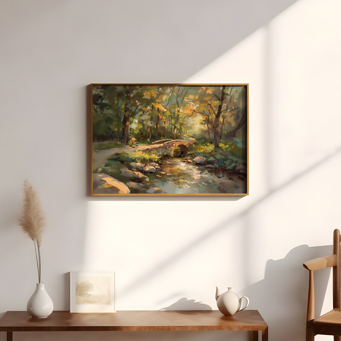 Stone Bridge Over Autumn Stream Sunlit Woodland Painting Wall Art - Image 3