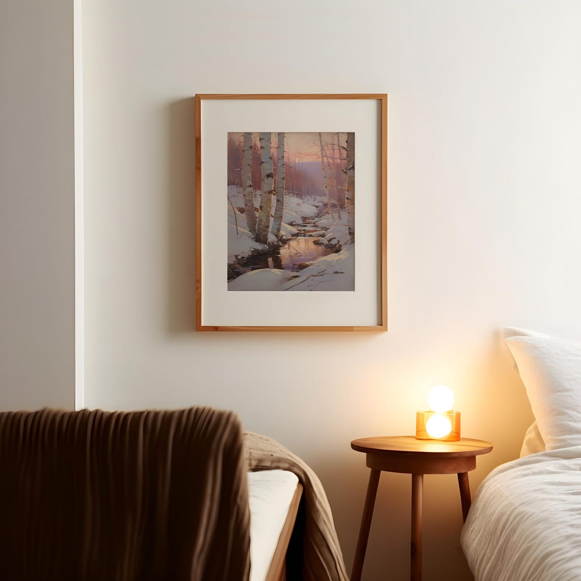 Winter Birch Grove At Sunset Snowy Stream Reflection Wall Art - Image 2