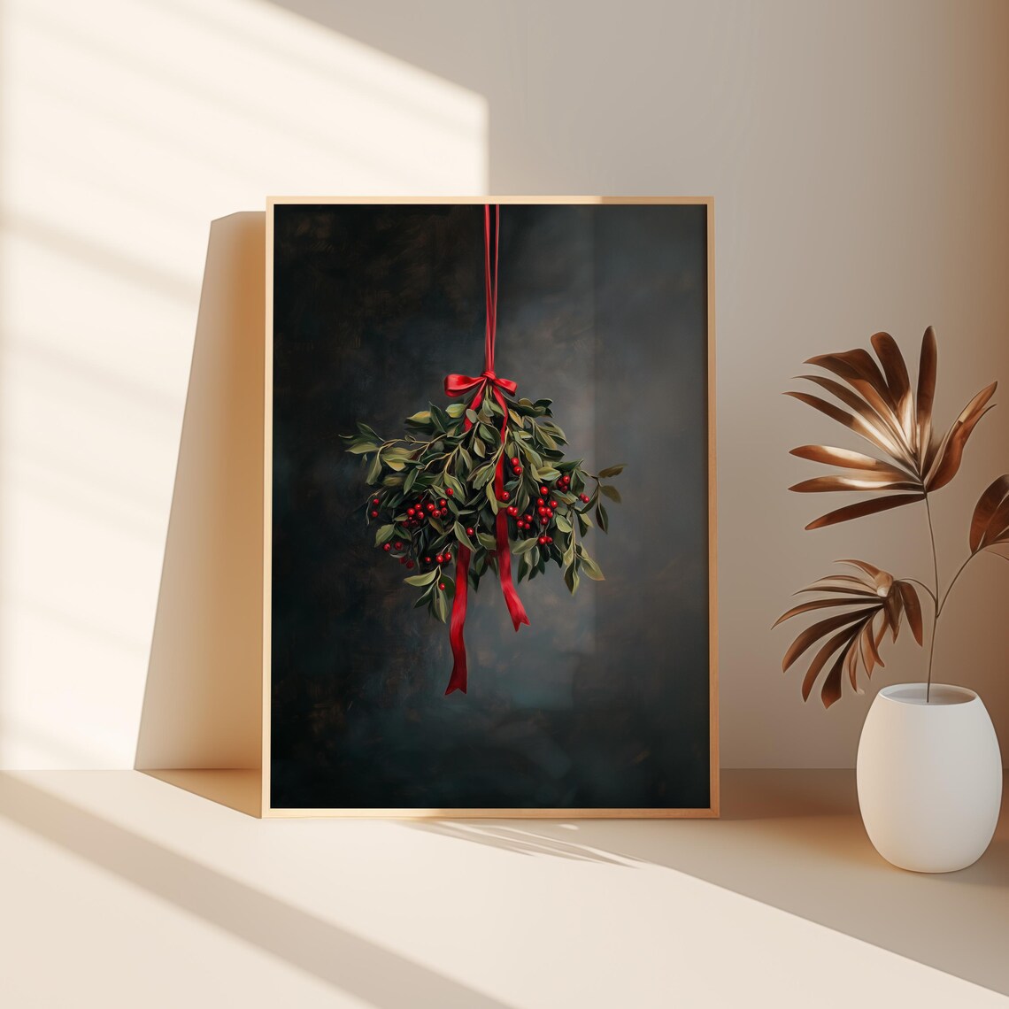 Mistletoe Red Ribbon Christmas Botanical Moody Holiday Wall Art - Image 3