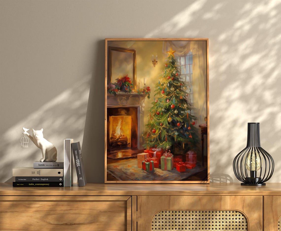 Bright Christmas Tree Fireplace Gifts Poinsettia Holiday Poster - Image 3