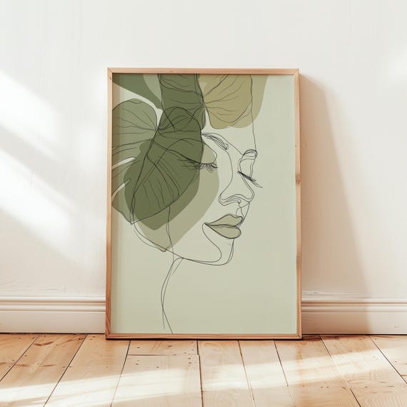 Minimalist Woman Face Line Art Print Sage Green Botanical Wall