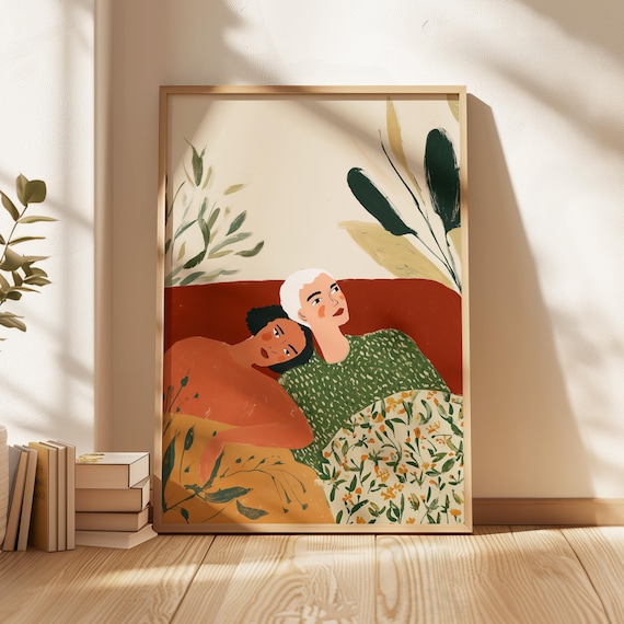 Lesbian Couple Art Print, Romantic Sapphic Pride