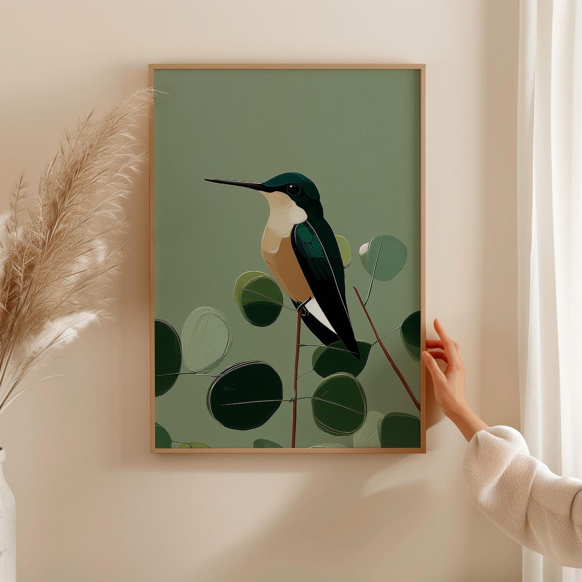 Hummingbird Sage Green Modern Botanical Bird Farmhouse Art Print
