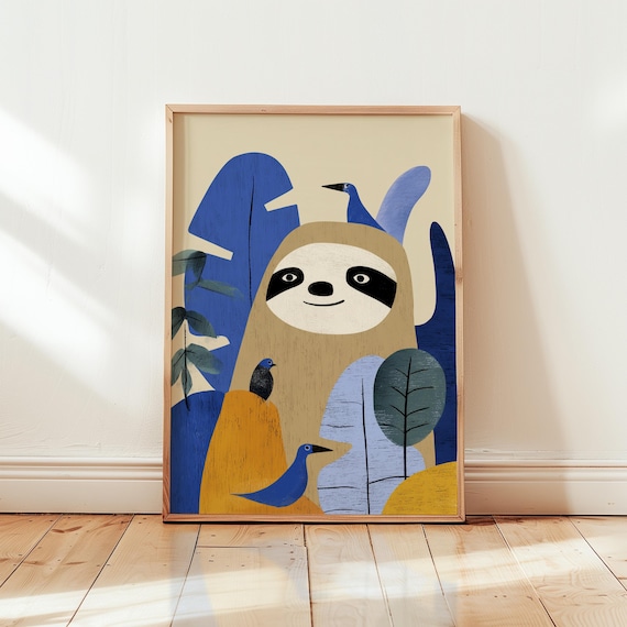 Smiling Sloth Tropical Blue Leaf Scandinavian Nursery Art Poster