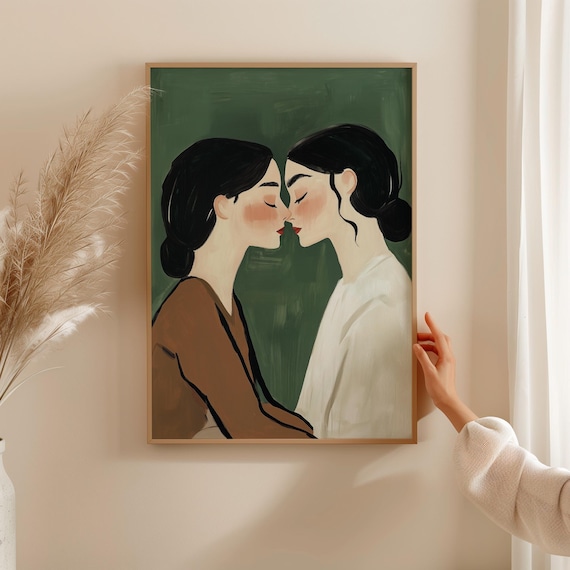 Two Women Facing Tenderly Romantic Couple Sage Green Art Poster