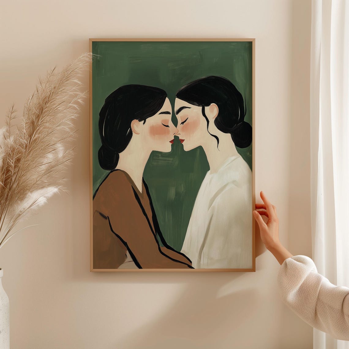 Two Women Facing Tenderly Romantic Couple Sage Green Art Poster