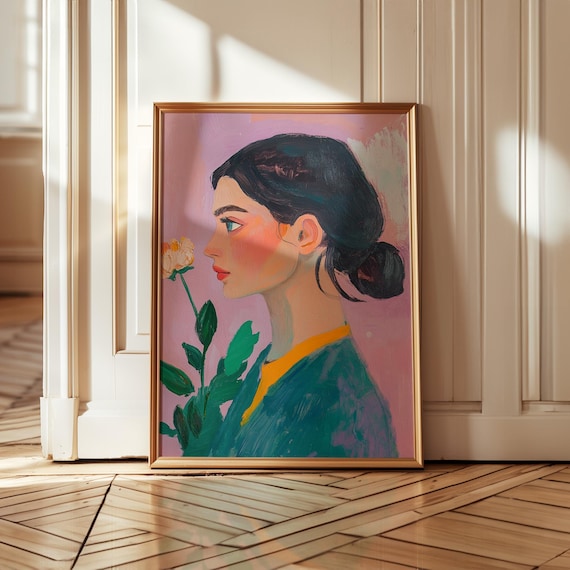 Floral Woman Portrait Print Pink Abstract Painting Modern Colorful Printable Chic Gallery Wall Decor