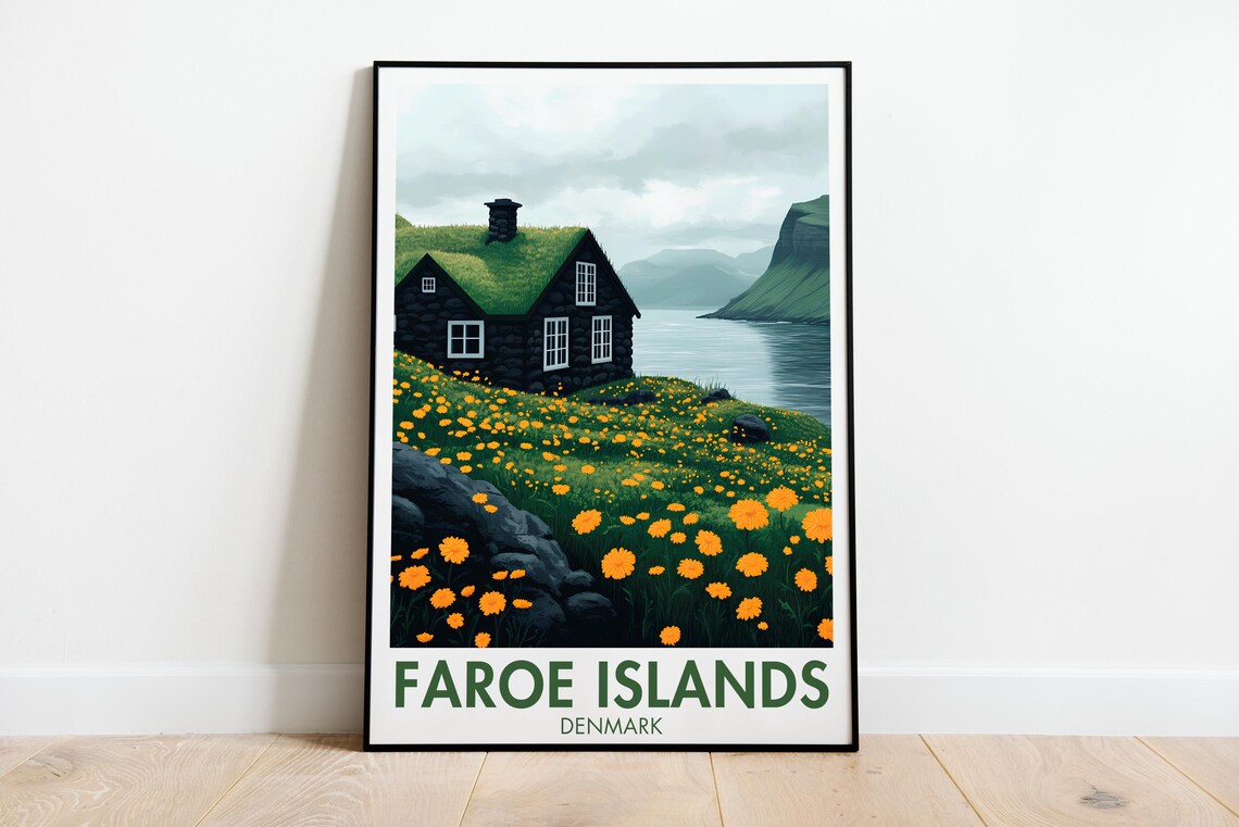 Faroe Travel Poster, Denmark Bay Village Print